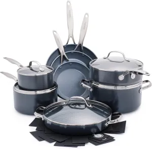 GreenPan Valencia Pro Hard Anodized Healthy Ceramic Nonstick 16 Piece Cookware Pots and Pans Set, PFAS-Free, Induction, Dishwasher Safe, Oven Safe, Gray