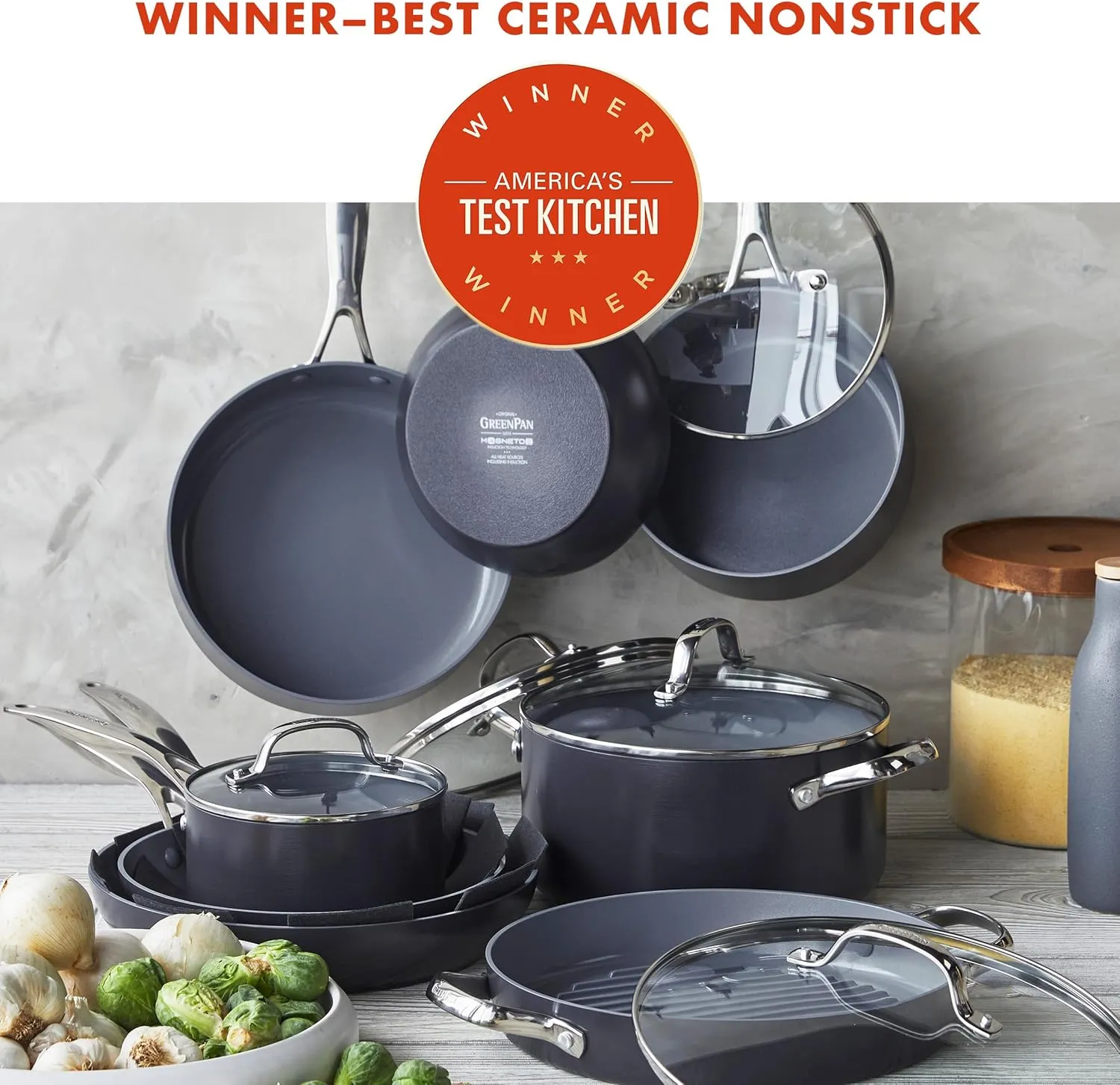 GreenPan Valencia Pro Hard Anodized Healthy Ceramic Nonstick 16 Piece Cookware Pots and Pans Set, PFAS-Free, Induction, Dishwasher Safe, Oven Safe, Gray