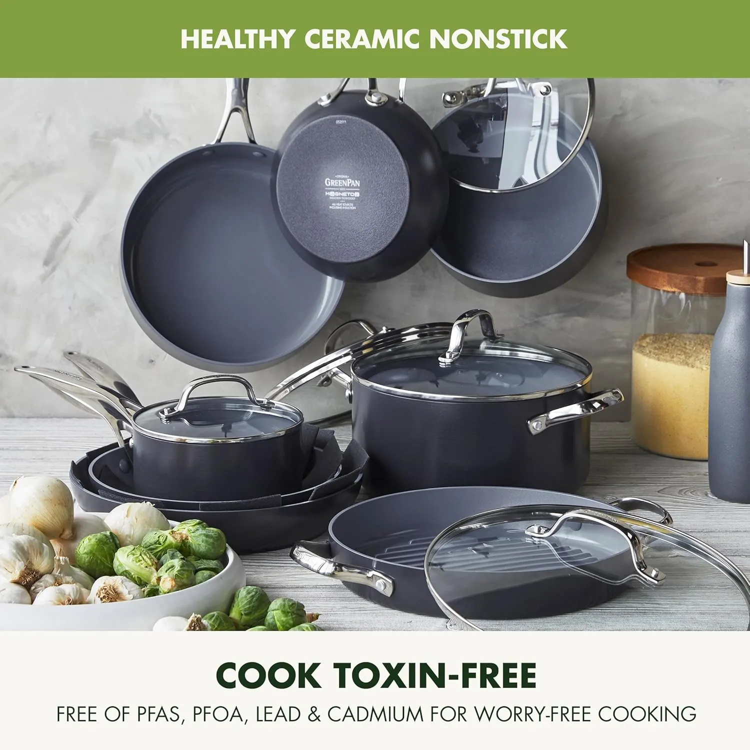 GreenPan Valencia Pro Hard Anodized Healthy Ceramic Nonstick 16 Piece Cookware Pots and Pans Set, PFAS-Free, Induction, Dishwasher Safe, Oven Safe, Gray