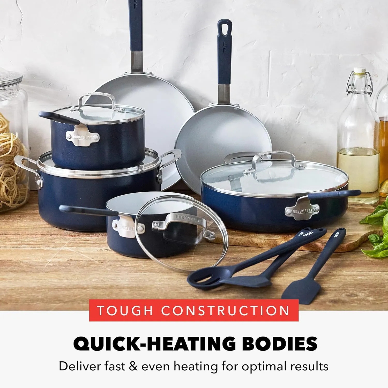 GreenPan x Bobby Flay 13 Piece Cookware Pots & Pans Set, PFAS & PFOA-Free, Professional Grade Ceramic Nonstick, Induction Suitable, Stay-Cool Silicone Handle, Dishwasher & Oven Safe, Oxford Blue