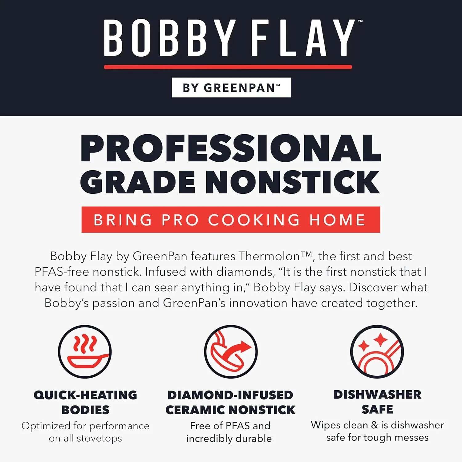 GreenPan x Bobby Flay 13 Piece Cookware Pots & Pans Set, PFAS & PFOA-Free, Professional Grade Ceramic Nonstick, Induction Suitable, Stay-Cool Silicone Handle, Dishwasher & Oven Safe, Oxford Blue