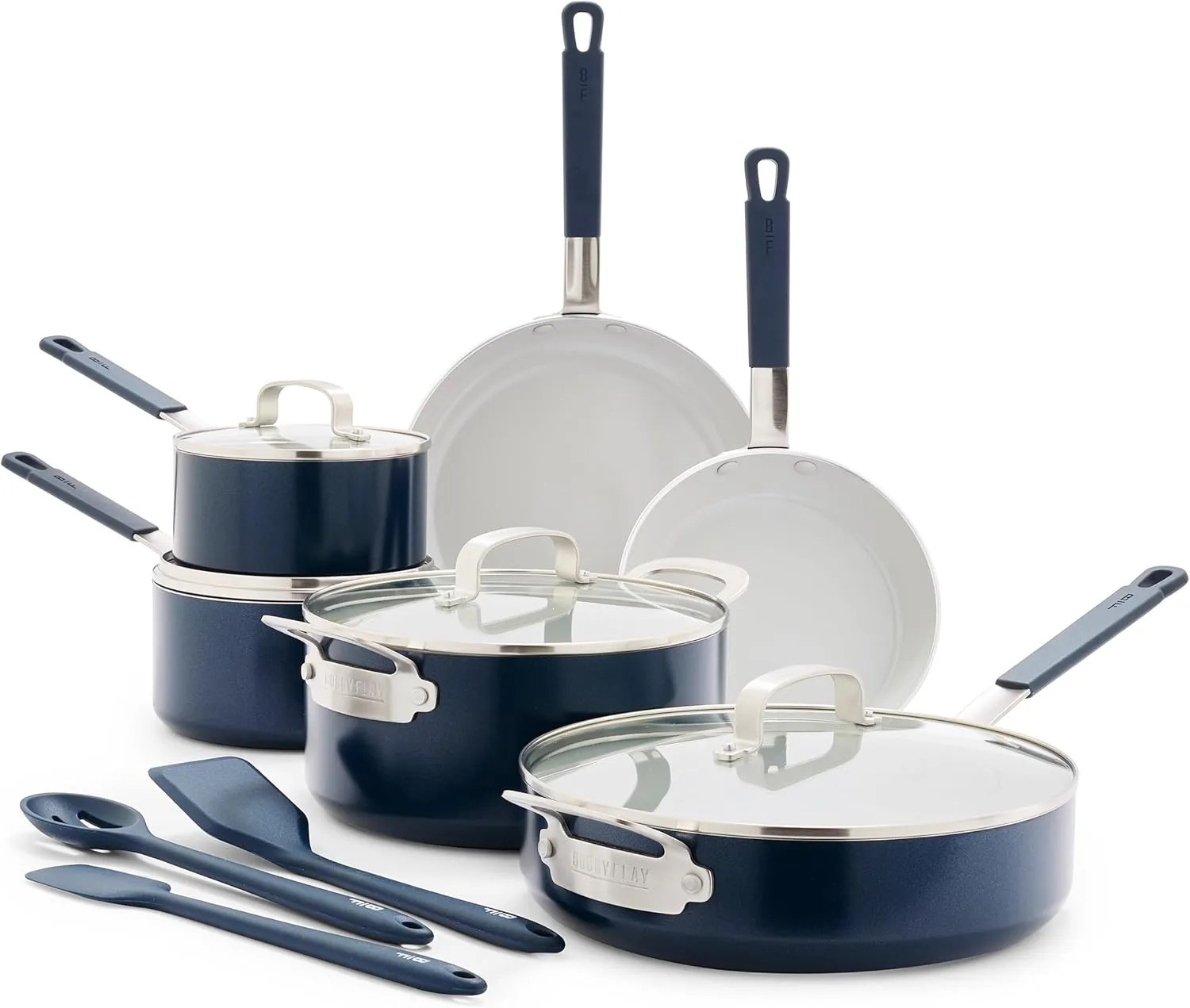 GreenPan x Bobby Flay 13 Piece Cookware Pots & Pans Set, PFAS & PFOA-Free, Professional Grade Ceramic Nonstick, Induction Suitable, Stay-Cool Silicone Handle, Dishwasher & Oven Safe, Oxford Blue