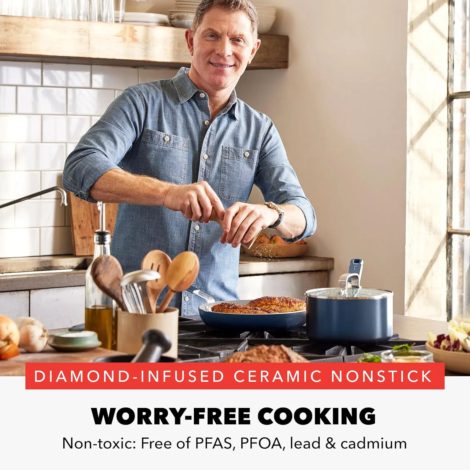 GreenPan x Bobby Flay 13 Piece Cookware Pots & Pans Set, PFAS & PFOA-Free, Professional Grade Ceramic Nonstick, Induction Suitable, Stay-Cool Silicone Handle, Dishwasher & Oven Safe, Oxford Blue