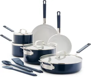 GreenPan x Bobby Flay 13 Piece Cookware Pots & Pans Set, PFAS & PFOA-Free, Professional Grade Ceramic Nonstick, Induction Suitable, Stay-Cool Silicone Handle, Dishwasher & Oven Safe, Oxford Blue