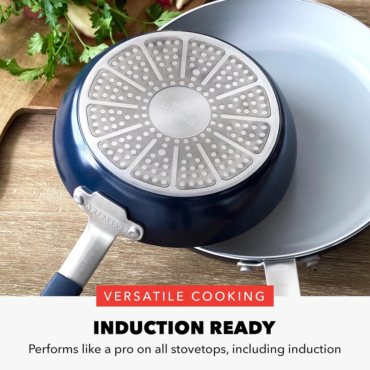 GreenPan x Bobby Flay 13 Piece Cookware Pots & Pans Set, PFAS & PFOA-Free, Professional Grade Ceramic Nonstick, Induction Suitable, Stay-Cool Silicone Handle, Dishwasher & Oven Safe, Oxford Blue