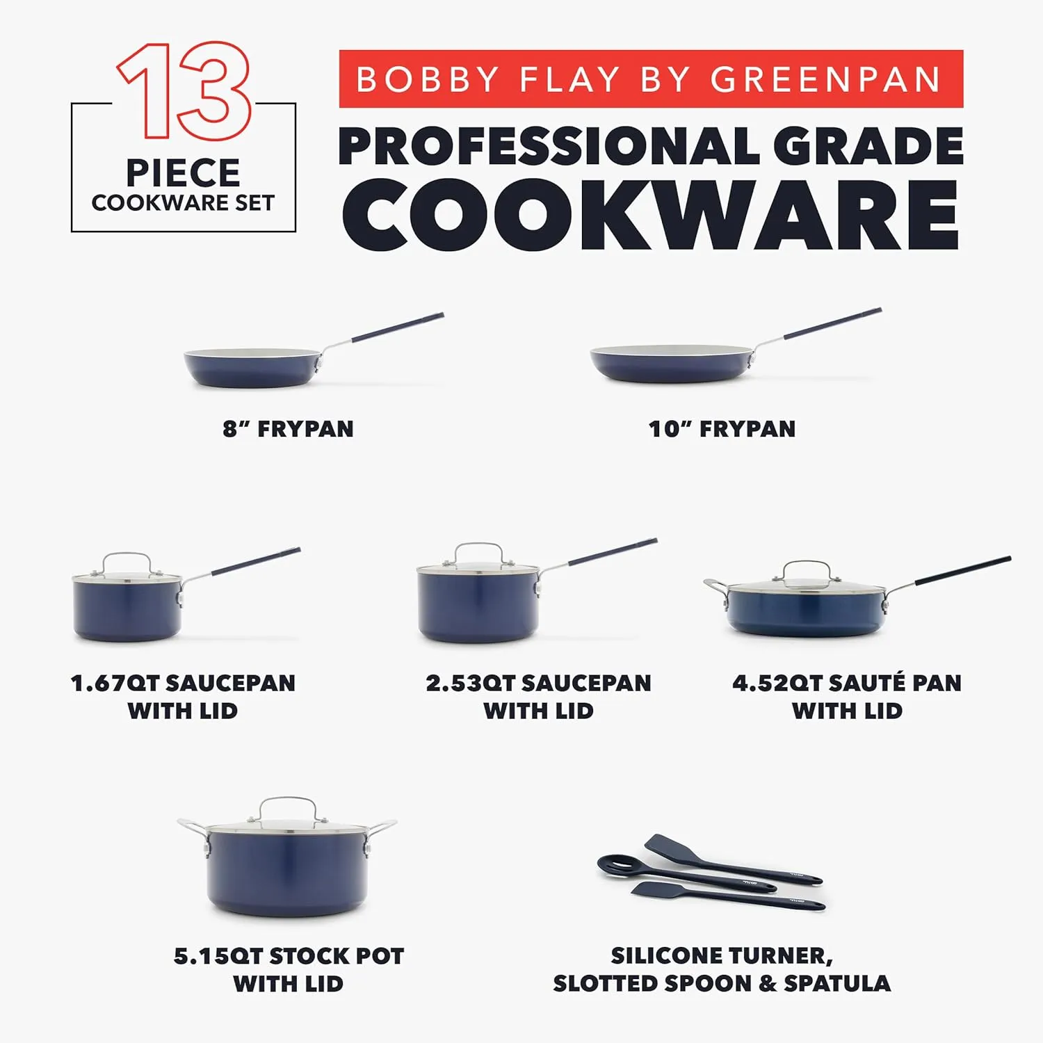 GreenPan x Bobby Flay 13 Piece Cookware Pots & Pans Set, PFAS & PFOA-Free, Professional Grade Ceramic Nonstick, Induction Suitable, Stay-Cool Silicone Handle, Dishwasher & Oven Safe, Oxford Blue