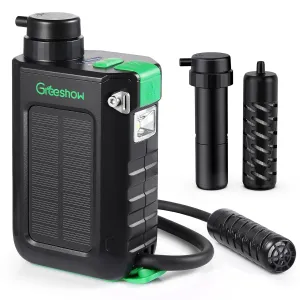 Greeshow Electric Portable Water Filter with Reusable 0.01 Micron Filter for Camping, Hiking, Survival with 2800mAh Portable Power Bank, Suport USB/Solar/Hand Crank Charing (Set of 2 Filters)