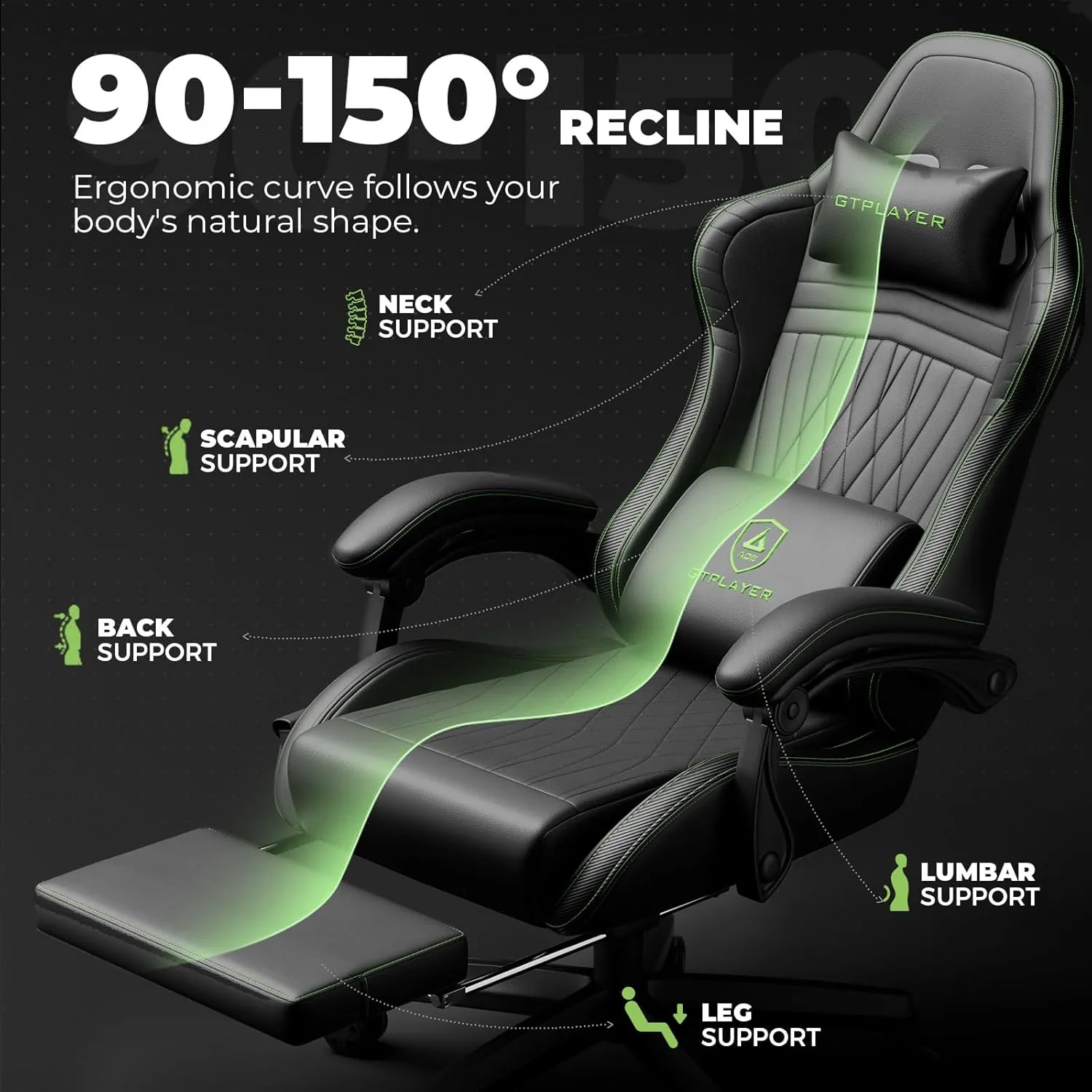 GTPLAYER Gaming Chair with Speakers, Video Game Chairs with Footrest, PC Gamer Chairs for Adults - Padded High Back Ergonomic Reclining Silla Gamer, Linkage Armrest, Ace Pro, Green