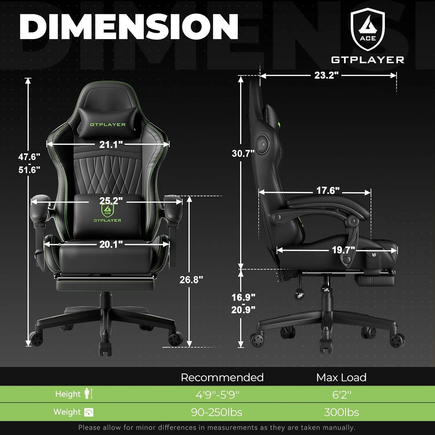 GTPLAYER Gaming Chair with Speakers, Video Game Chairs with Footrest, PC Gamer Chairs for Adults - Padded High Back Ergonomic Reclining Silla Gamer, Linkage Armrest, Ace Pro, Green