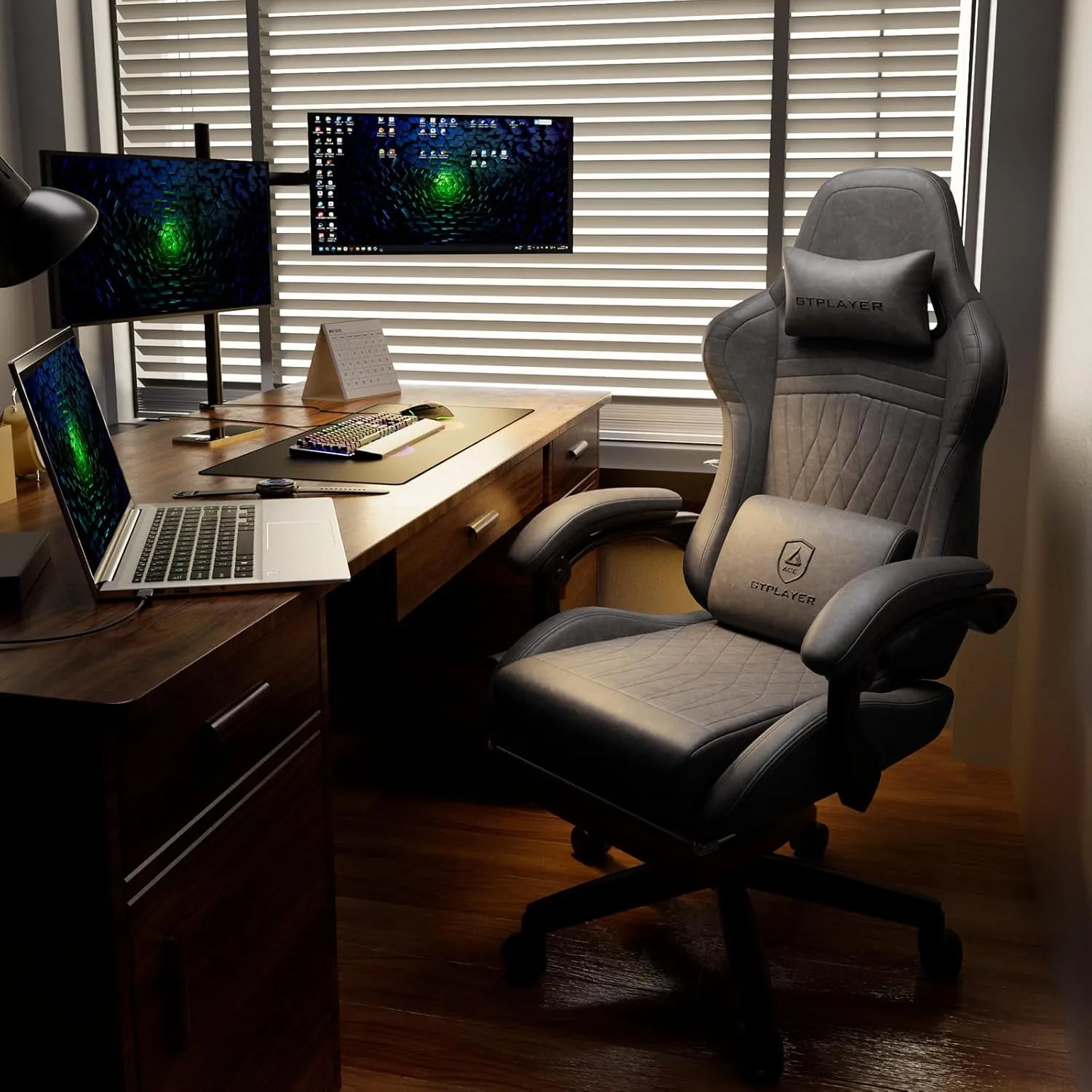 GTPLAYER Gaming Chair with Speakers, Video Game Chairs with Footrest, PC Gamer Chairs for Adults - Padded High Back Ergonomic Reclining Silla Gamer, Linkage Armrest, Ace Pro, Grey