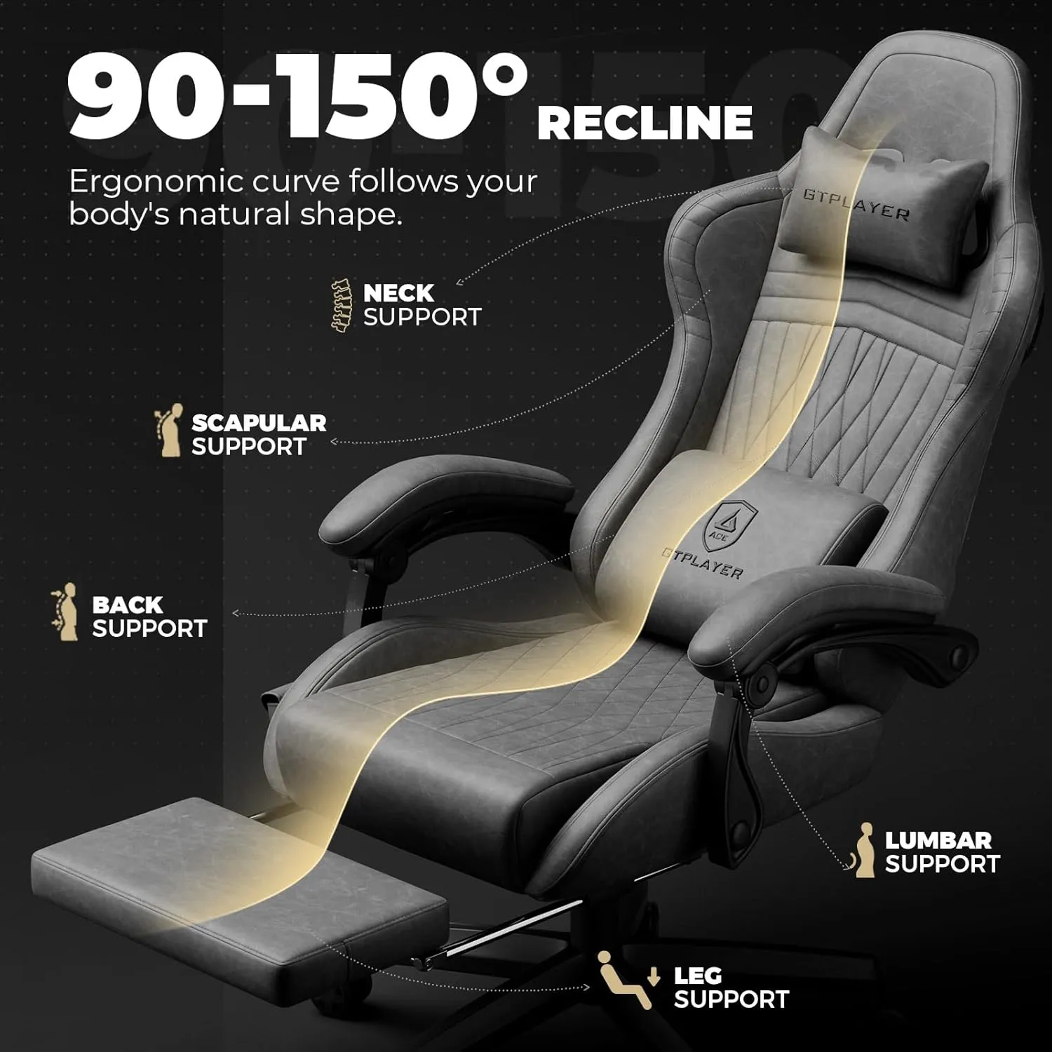 GTPLAYER Gaming Chair with Speakers, Video Game Chairs with Footrest, PC Gamer Chairs for Adults - Padded High Back Ergonomic Reclining Silla Gamer, Linkage Armrest, Ace Pro, Grey