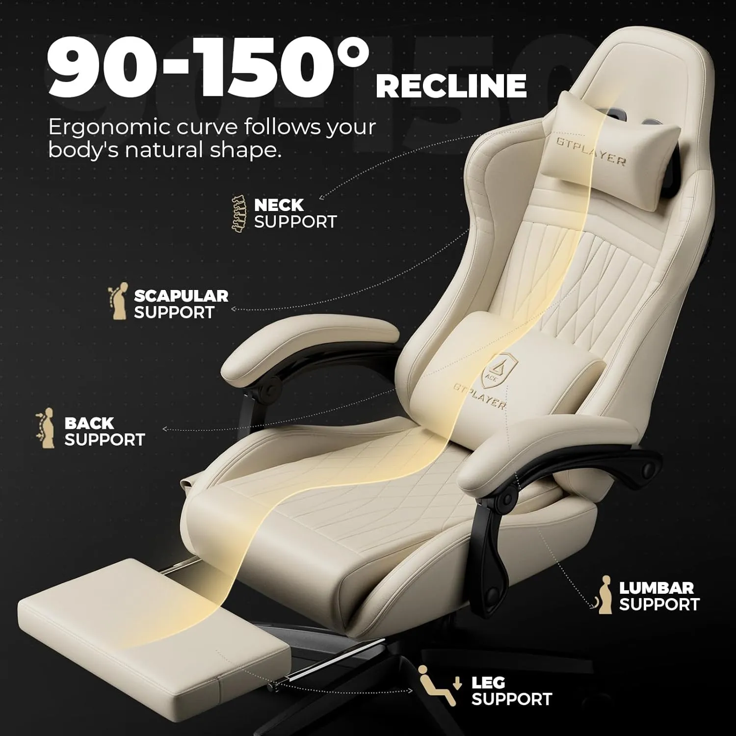 GTPLAYER Gaming Chair with Speakers, Video Game Chairs with Footrest, PC Gamer Chairs for Adults - Padded High Back Ergonomic Reclining Silla Gamer, Linkage Armrest, Ace Pro, Ivory