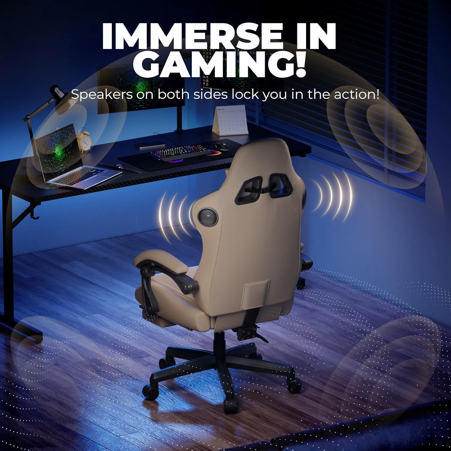 GTPLAYER Gaming Chair with Speakers, Video Game Chairs with Footrest, PC Gamer Chairs for Adults - Padded High Back Ergonomic Reclining Silla Gamer, Linkage Armrest, Ace Pro, Ivory