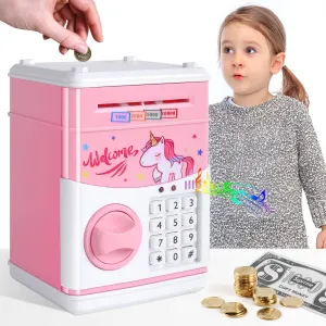 GuDoQi Password Piggy Bank, Digital Electronic Money Bank, Mini ATM Cash Coin Saving Can Toys, Birthday Gifts for Kids, Pink Unicorn