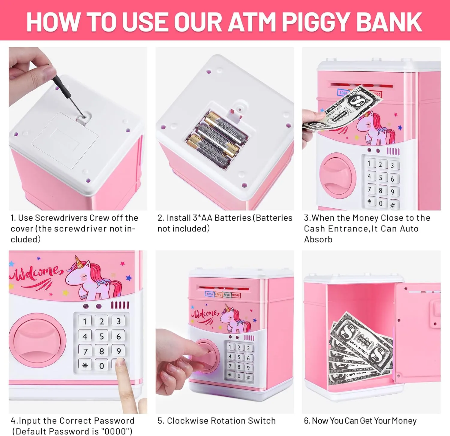 GuDoQi Password Piggy Bank, Digital Electronic Money Bank, Mini ATM Cash Coin Saving Can Toys, Birthday Gifts for Kids, Pink Unicorn
