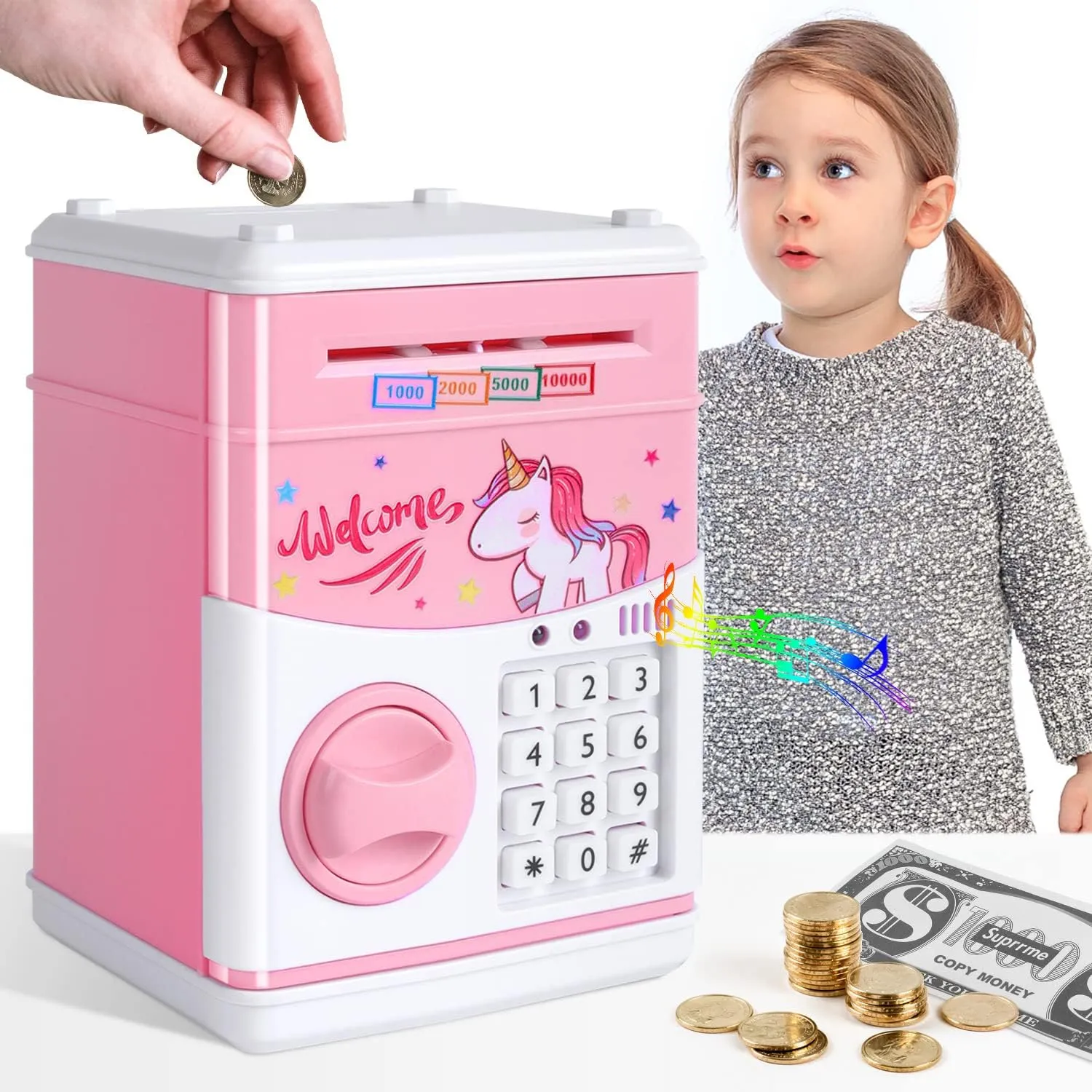GuDoQi Password Piggy Bank, Digital Electronic Money Bank, Mini ATM Cash Coin Saving Can Toys, Birthday Gifts for Kids, Pink Unicorn