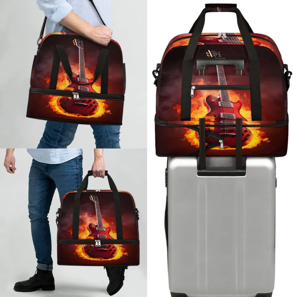 Guitar Print Foldable Duffle Bag with Shoes Compartment Large Capacity Waterproof Travel Weekender Bag Overnight Bag for Sports Gym