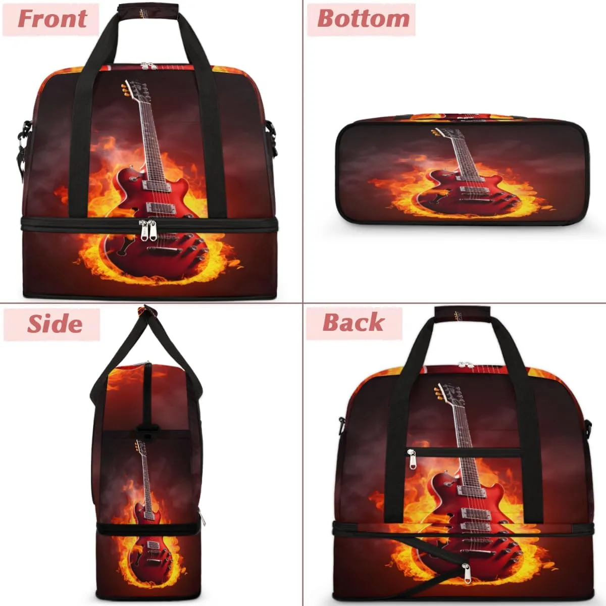Guitar Print Foldable Duffle Bag with Shoes Compartment Large Capacity Waterproof Travel Weekender Bag Overnight Bag for Sports Gym