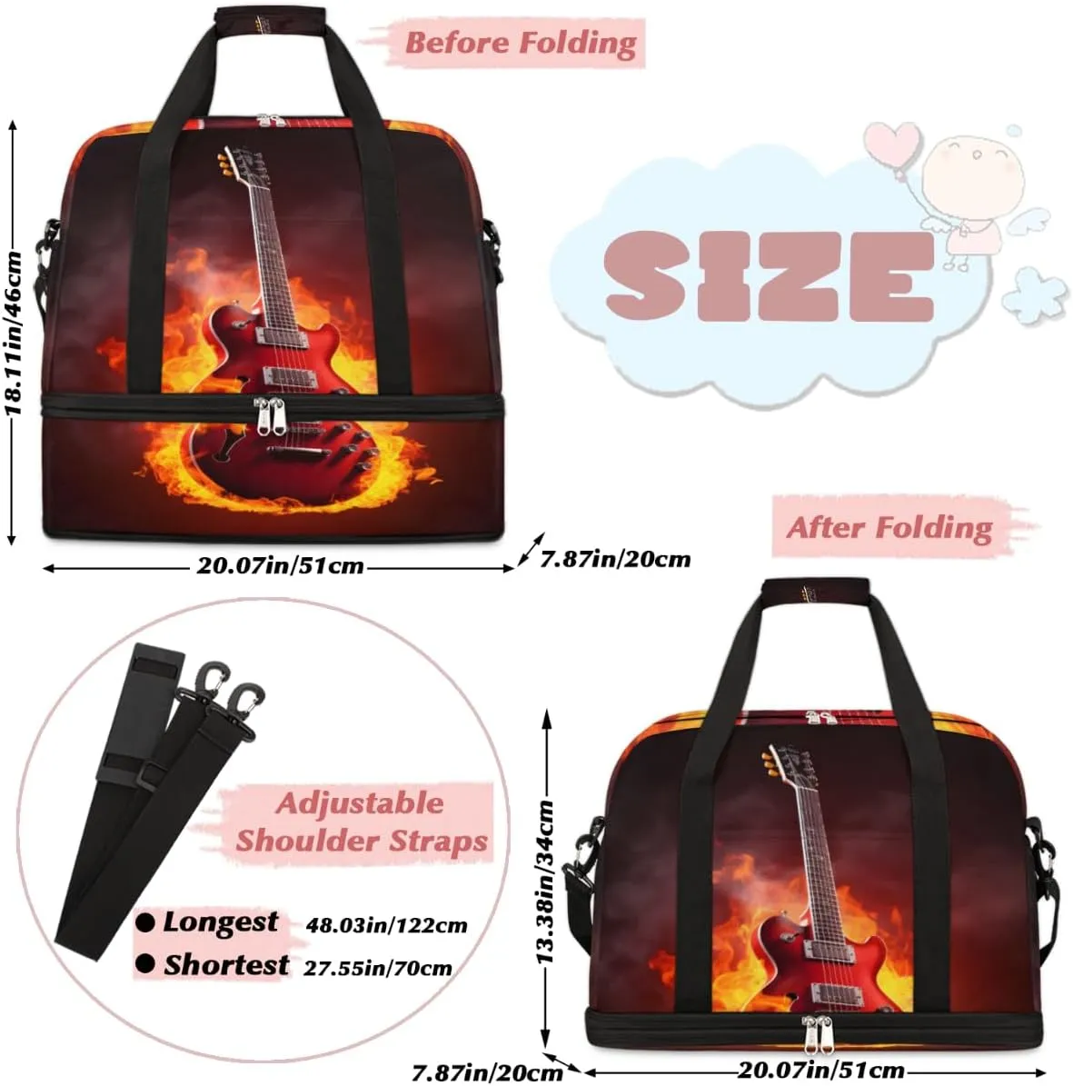 Guitar Print Foldable Duffle Bag with Shoes Compartment Large Capacity Waterproof Travel Weekender Bag Overnight Bag for Sports Gym