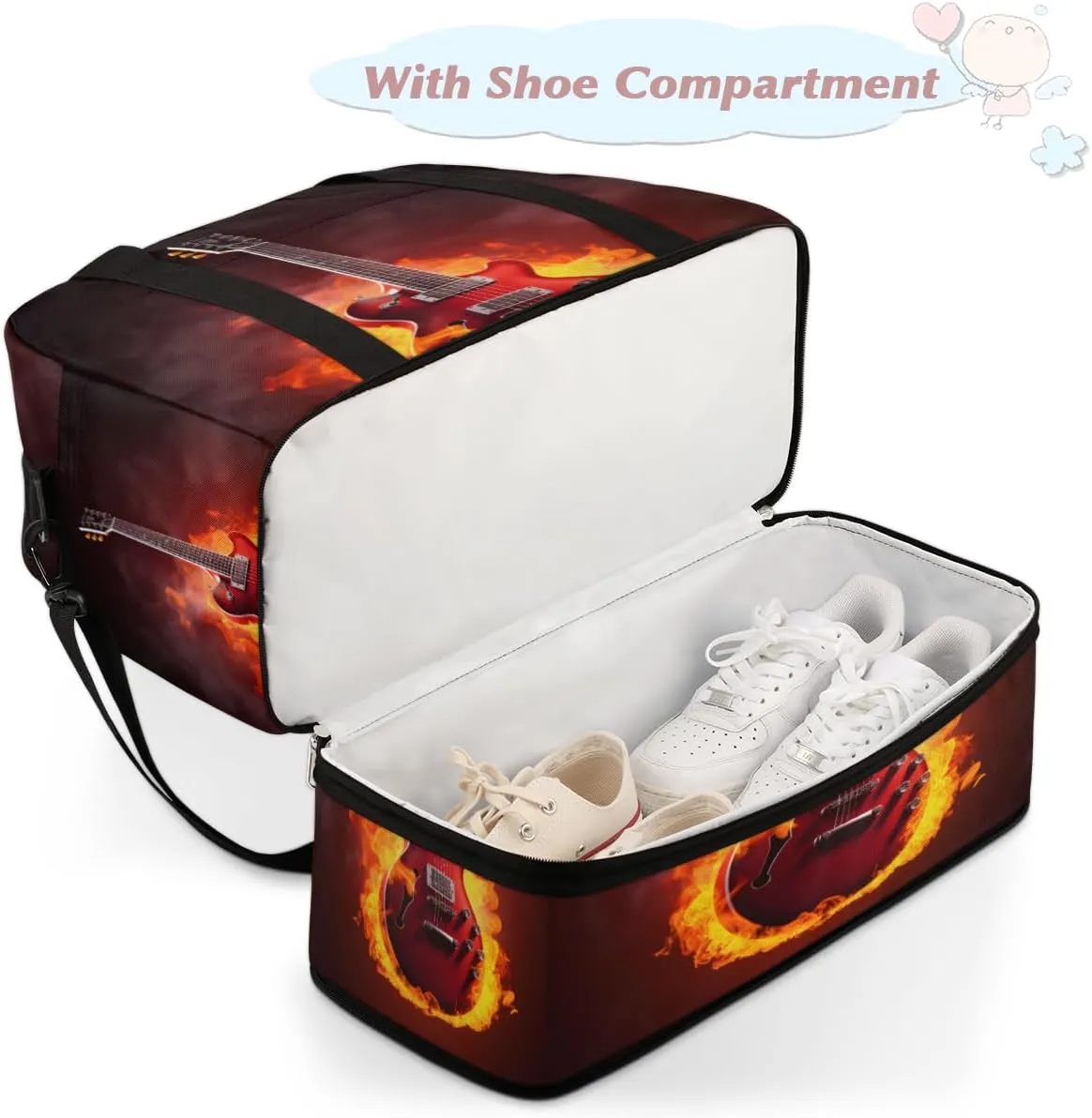 Guitar Print Foldable Duffle Bag with Shoes Compartment Large Capacity Waterproof Travel Weekender Bag Overnight Bag for Sports Gym