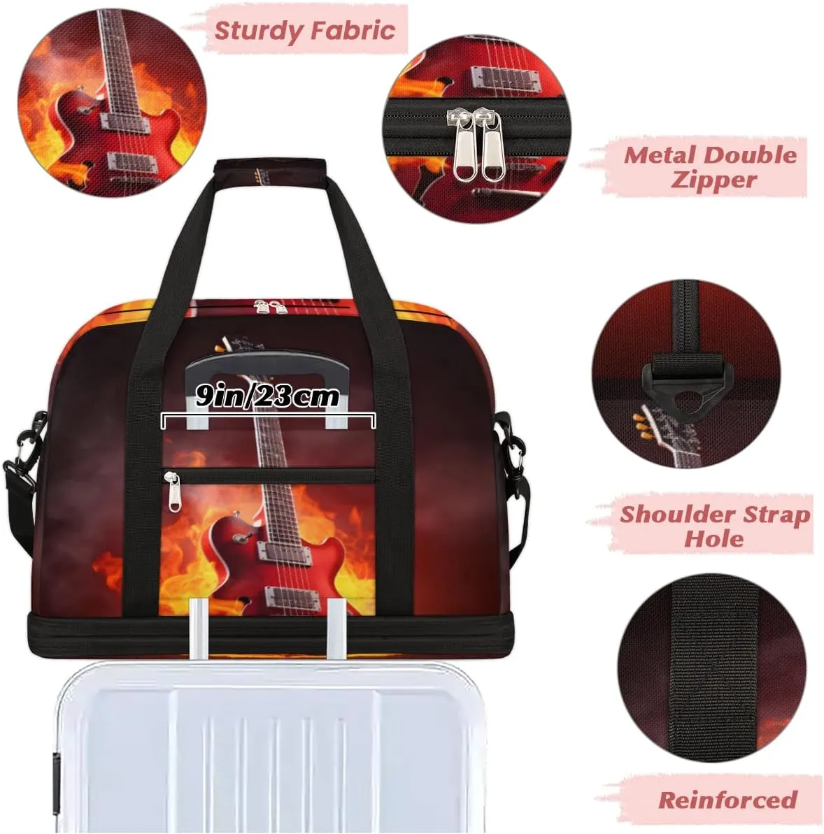 Guitar Print Foldable Duffle Bag with Shoes Compartment Large Capacity Waterproof Travel Weekender Bag Overnight Bag for Sports Gym