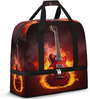 Guitar Print Foldable Duffle Bag with Shoes Compartment Large Capacity Waterproof Travel Weekender Bag Overnight Bag for Sports Gym