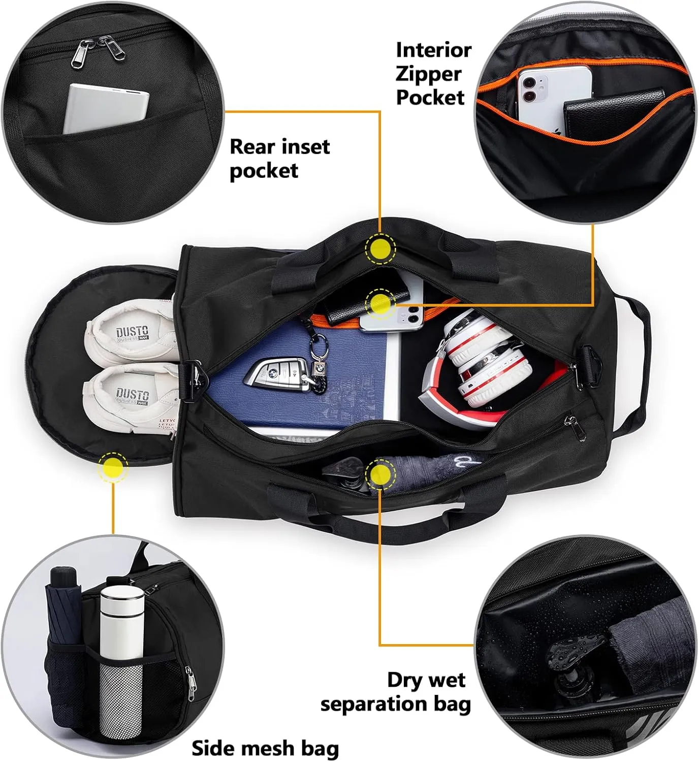 Gym Bag for Men Women with Wet Pocket & Shoe Compartment Travel Duffle Bag Man Sport Basketball Football Bag Weekend Overnight Duffel Bag Gym Tote bag 40L, Black