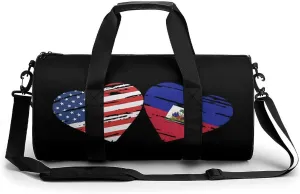 Haiti US Heart Flag Novelty Large Duffel Bag Lightweight Gym Bag Travel Tote Bags
