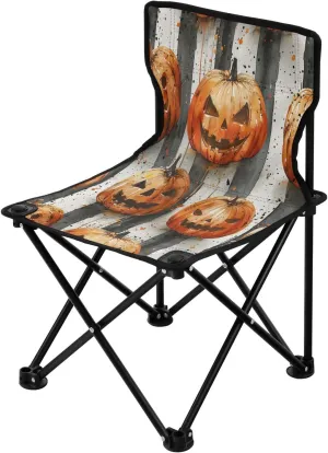 Halloween Striped Pumpkin Portable Outdoor Folding Chair Anti-Slip Padded Oxford Cloth Stool Camping Chair Small for Beach Hiking Fishing Gardening Quad Camp Chair
