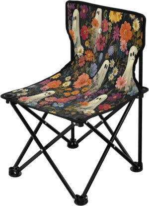 Halloween White Cute Spectre Flowers Portable Outdoor Folding Chair Anti-Slip Padded Oxford Cloth Stool Camping Chair Small for Beach Hiking Fishing Gardening Quad Camp Chair