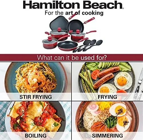 Hamilton Beach Aluminum Covered Cookware Set, Nonstick Saucepan, Dutch Oven with Soft Touch Bakelite Handle, | Excellent Heat Conductors - Multipurpose Use | Durable & Dishwasher Safe |12pc, Red