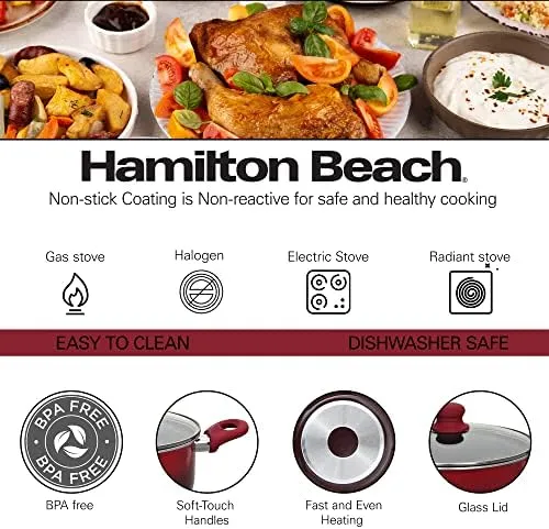 Hamilton Beach Aluminum Covered Cookware Set, Nonstick Saucepan, Dutch Oven with Soft Touch Bakelite Handle, | Excellent Heat Conductors - Multipurpose Use | Durable & Dishwasher Safe |12pc, Red