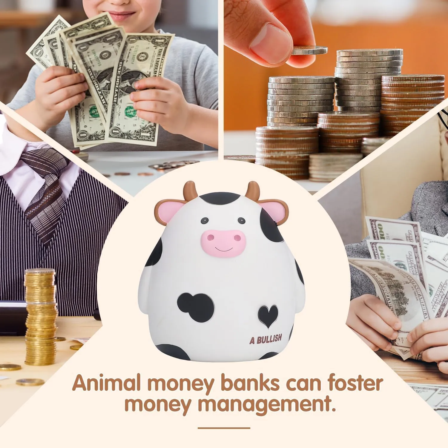 H&W Cow Piggy Bank, L Size, Unbreakable Coin Box for Kids, Cute Animal Money Bank Birthday for Boys Girls,Coin Saving Boxes (White)
