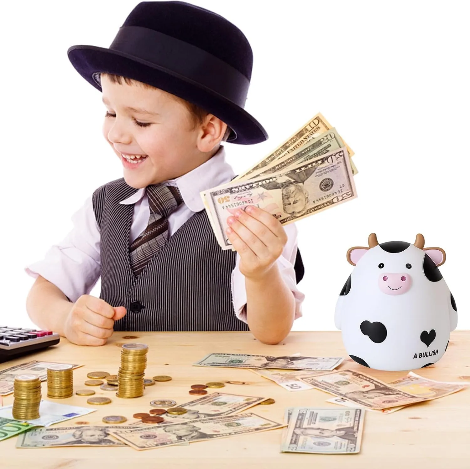 H&W Cow Piggy Bank, L Size, Unbreakable Coin Box for Kids, Cute Animal Money Bank Birthday for Boys Girls,Coin Saving Boxes (White)