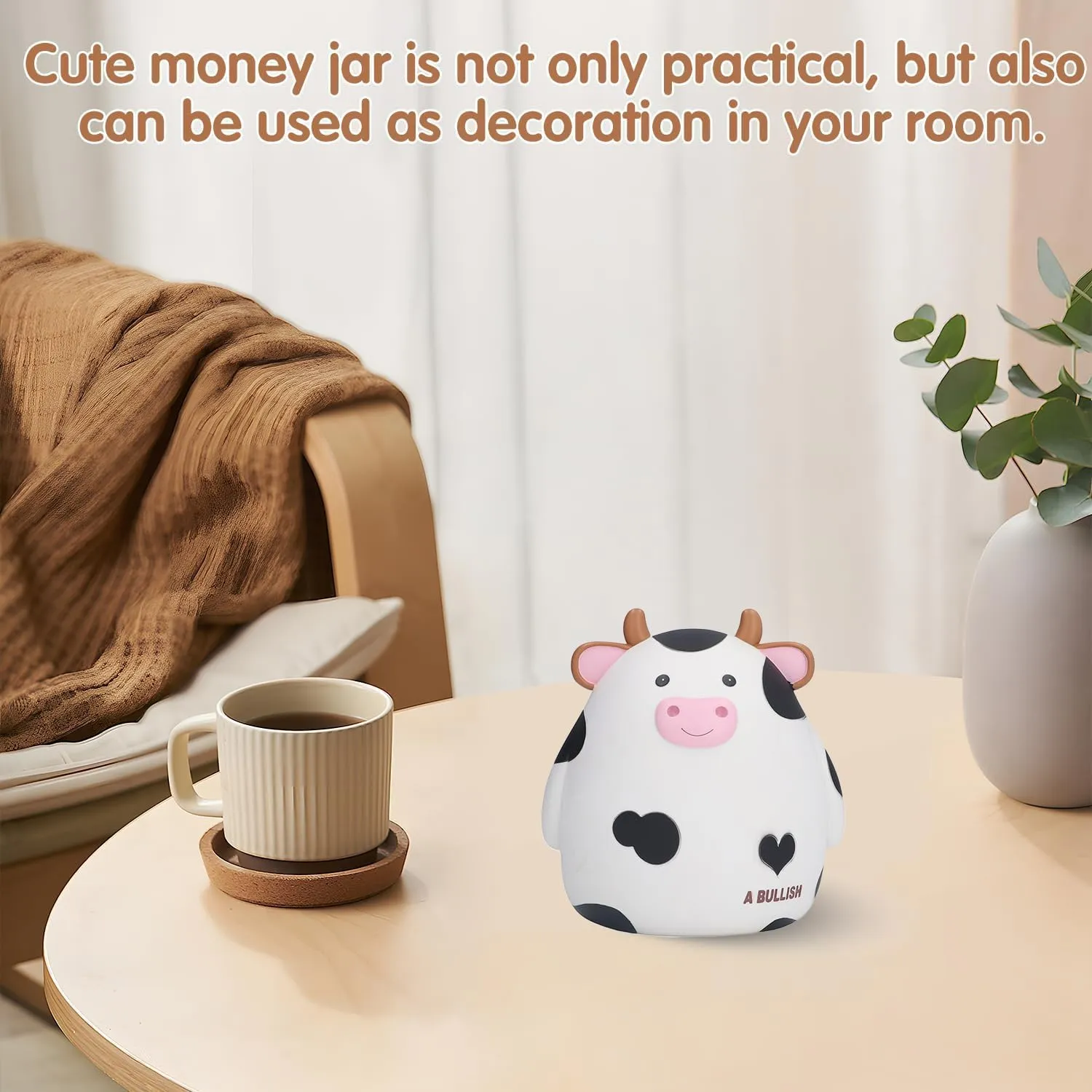 H&W Cow Piggy Bank, L Size, Unbreakable Coin Box for Kids, Cute Animal Money Bank Birthday for Boys Girls,Coin Saving Boxes (White)