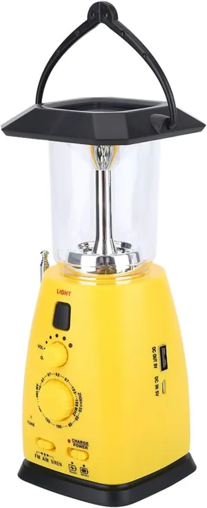 Hand Crank Solar Power LED Flashlight Radio USB Charger Emergency Lamp for Camping Outdoor Activities Yellow Plastic 8 x 8 x 25cm