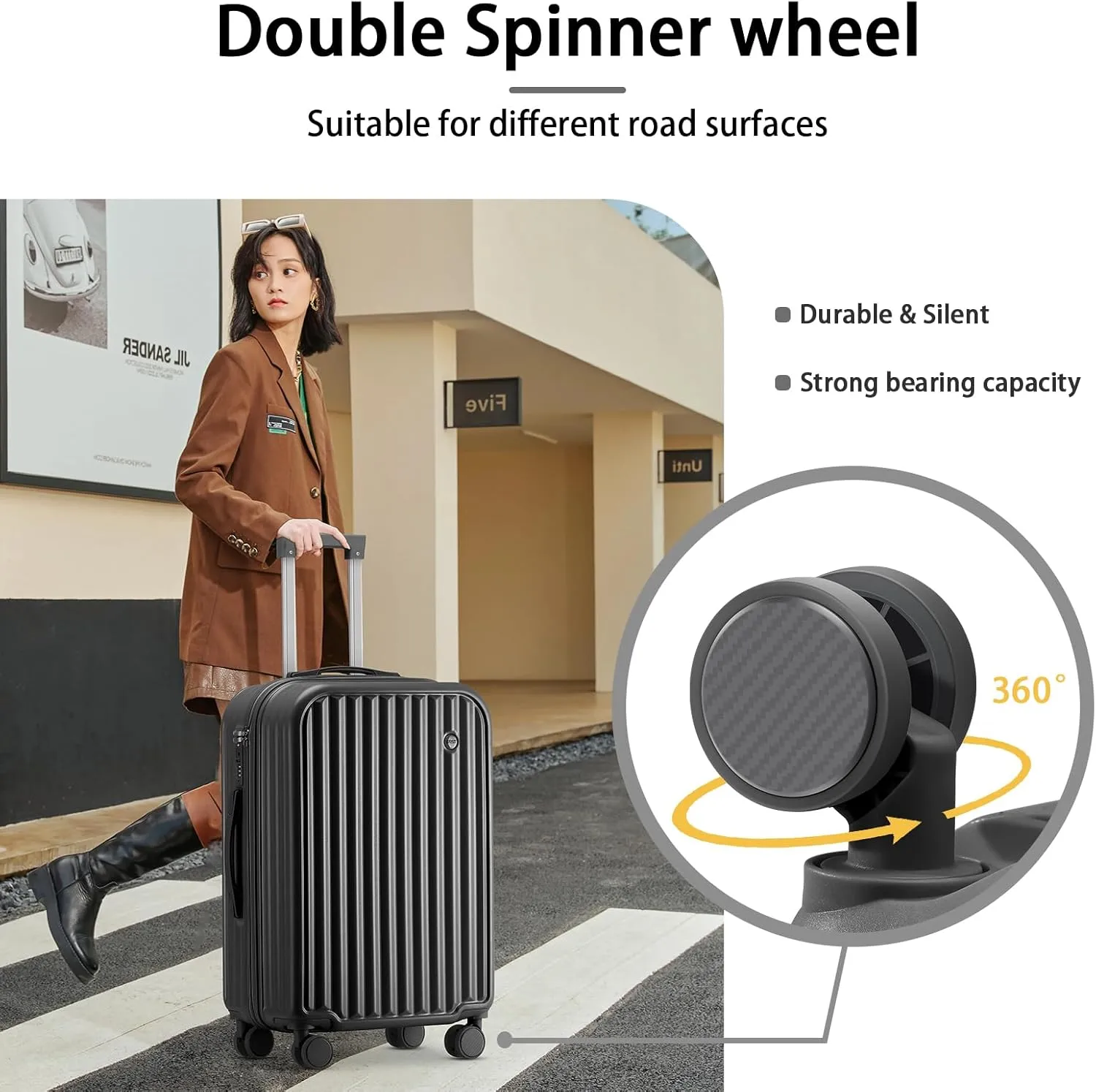 Hardside Carry On Luggage with Spinner Wheels and Built-in TSA Lock Durable Suitcase Rolling Luggage with USB Port cup holder Carry-On 20Inch (Black)