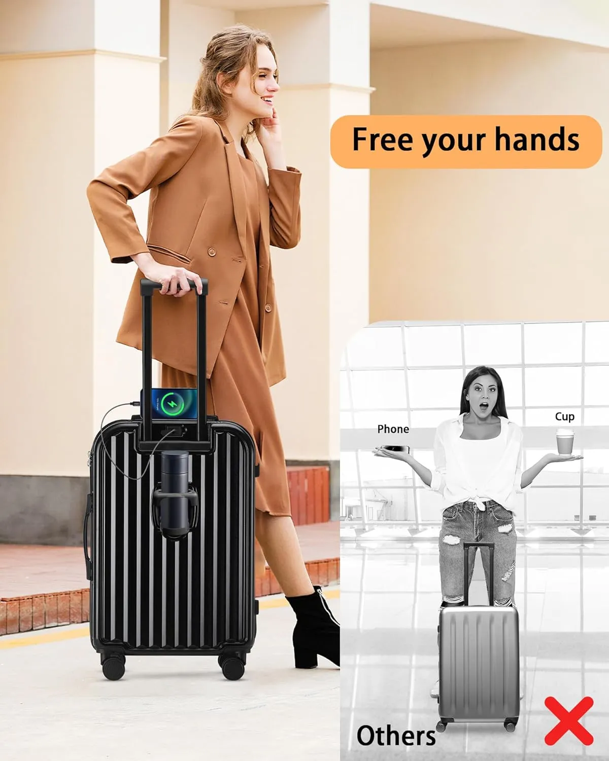 Hardside Carry On Luggage with Spinner Wheels and Built-in TSA Lock Durable Suitcase Rolling Luggage with USB Port cup holder Carry-On 20Inch (Black)