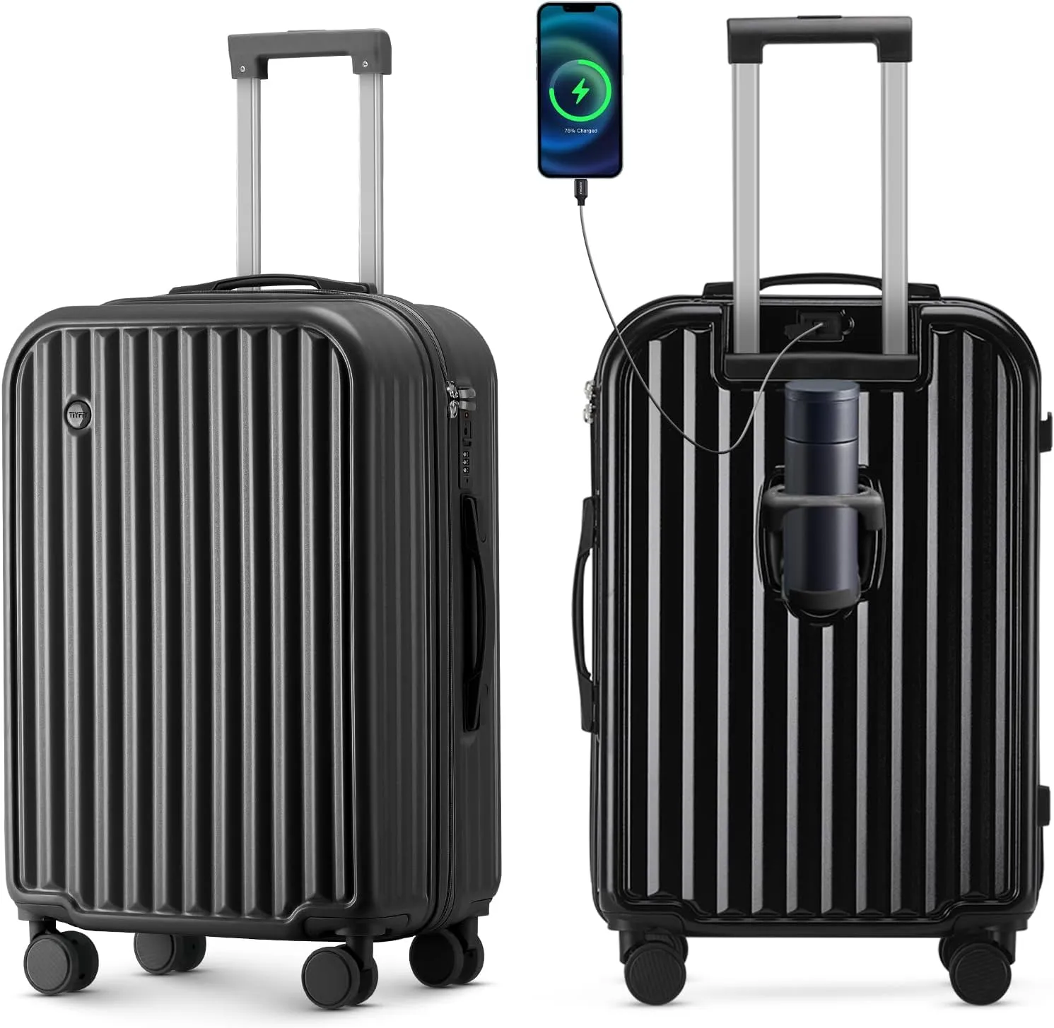 Hardside Carry On Luggage with Spinner Wheels and Built-in TSA Lock Durable Suitcase Rolling Luggage with USB Port cup holder Carry-On 20Inch (Black)