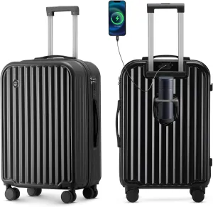 Hardside Carry On Luggage with Spinner Wheels and Built-in TSA Lock Durable Suitcase Rolling Luggage with USB Port cup holder Carry-On 20Inch (Black)