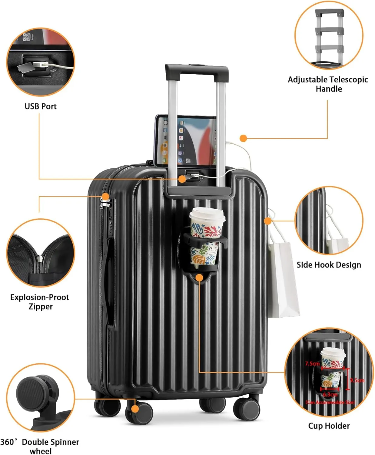 Hardside Carry On Luggage with Spinner Wheels and Built-in TSA Lock Durable Suitcase Rolling Luggage with USB Port cup holder Carry-On 20Inch (Black)
