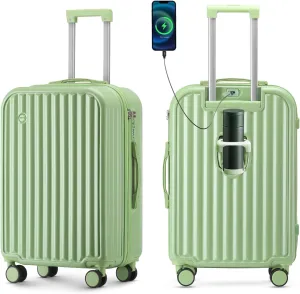 Hardside Carry On Luggage with Spinner Wheels and Built-in TSA Lock Durable Suitcase Rolling Luggage with USB Port cup holder Carry-On 20Inch (Green)