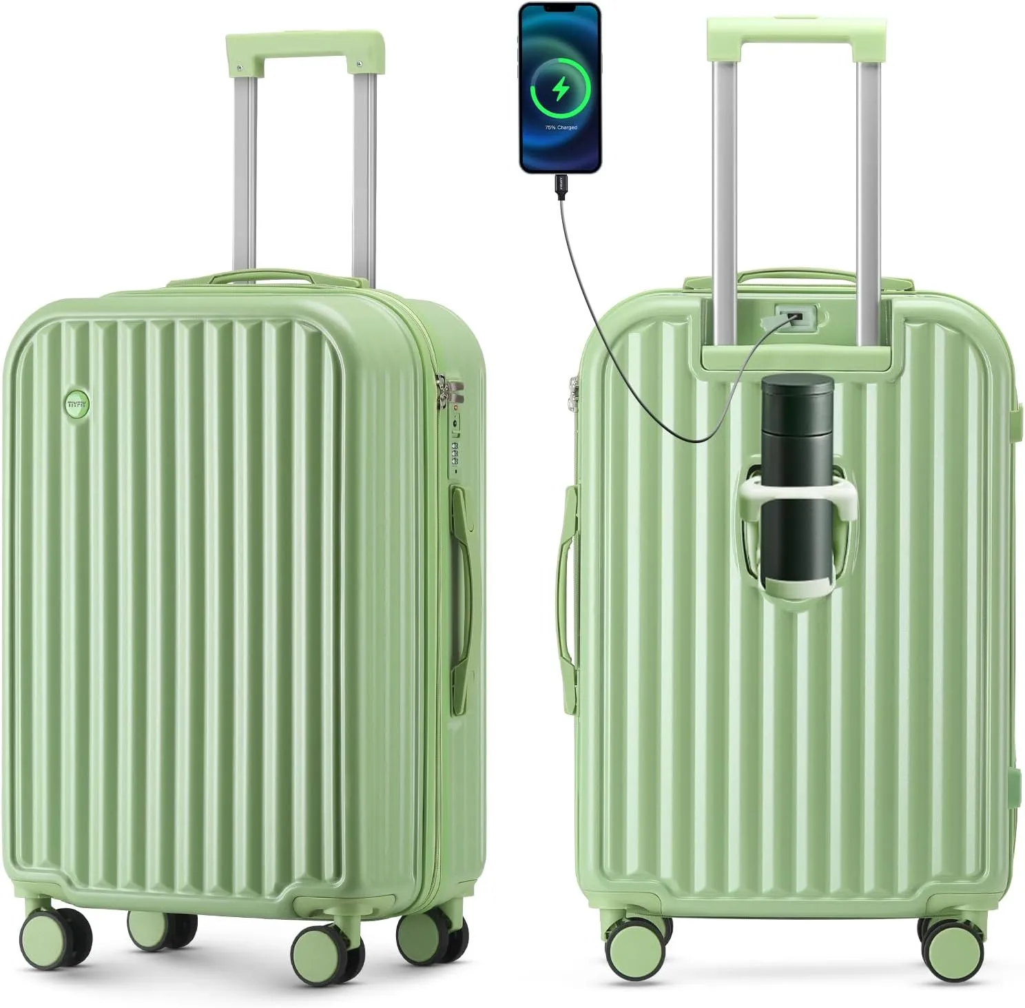 Hardside Carry On Luggage with Spinner Wheels and Built-in TSA Lock Durable Suitcase Rolling Luggage with USB Port cup holder Carry-On 20Inch (Green)