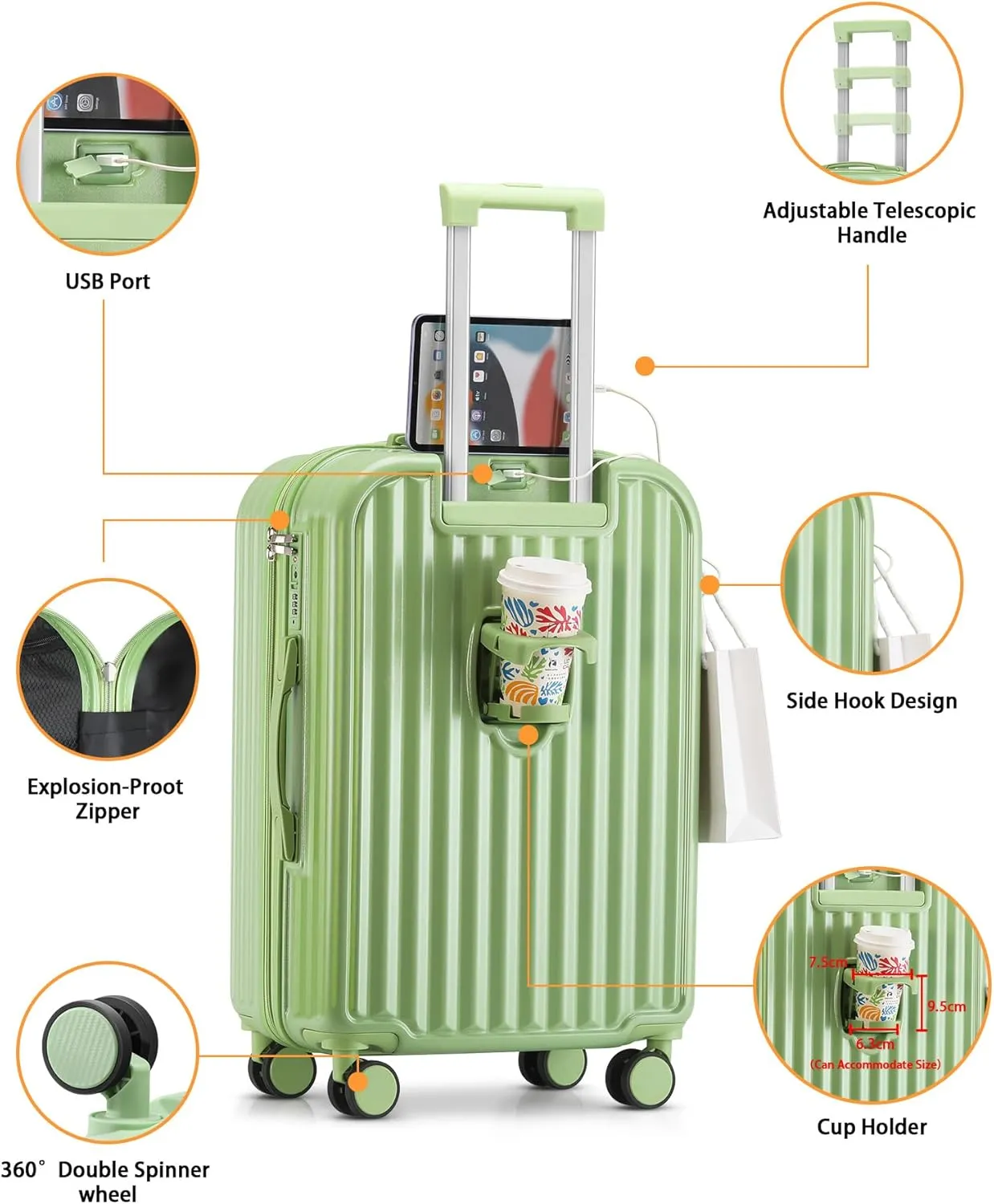 Hardside Carry On Luggage with Spinner Wheels and Built-in TSA Lock Durable Suitcase Rolling Luggage with USB Port cup holder Carry-On 20Inch (Green)