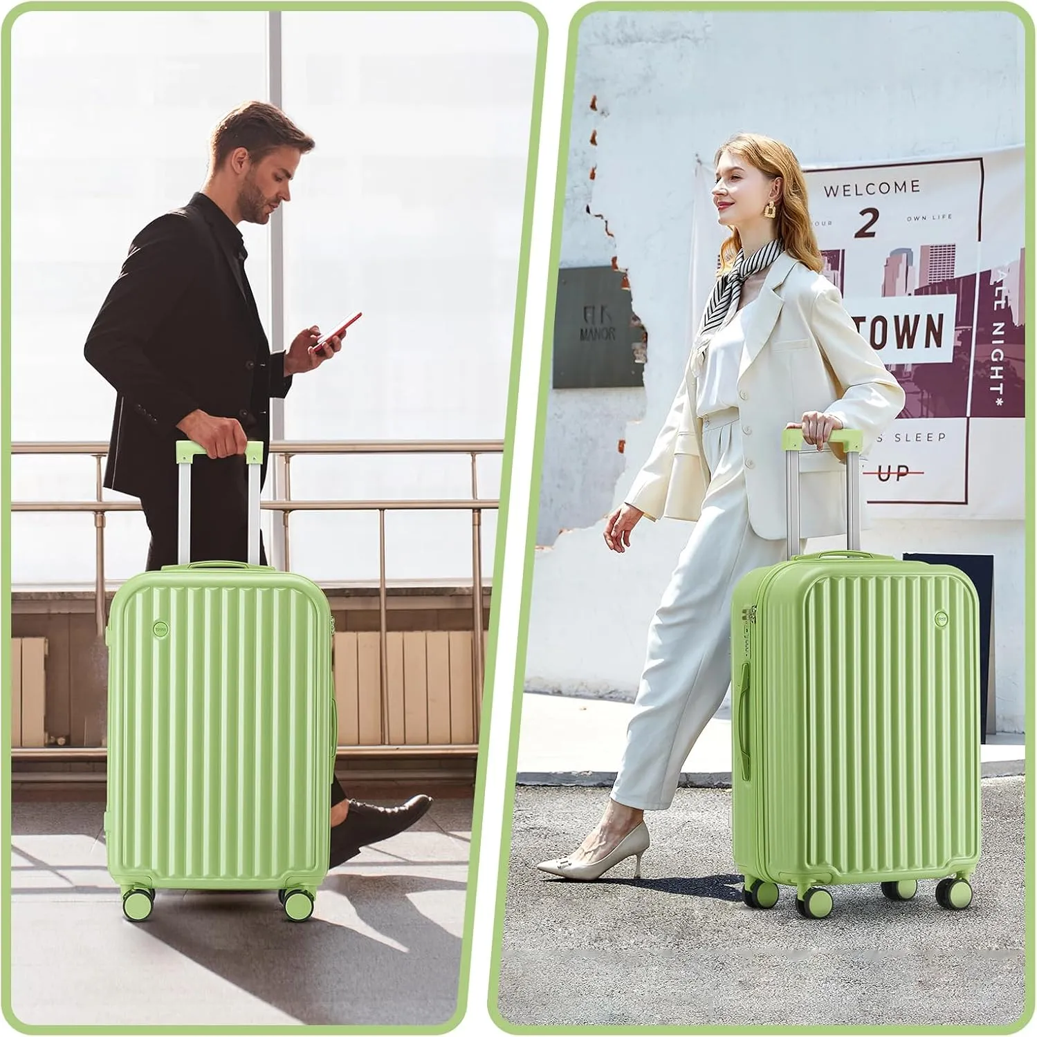 Hardside Carry On Luggage with Spinner Wheels and Built-in TSA Lock Durable Suitcase Rolling Luggage with USB Port cup holder Carry-On 20Inch (Green)