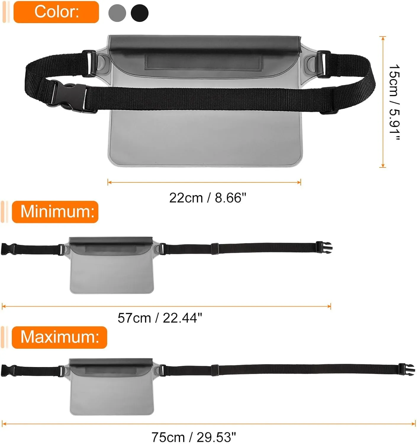 HARFINGTON 2pcs Waterproof Pouch Waterproof Fanny Pack Floating Waterproof Bag with Adjustable Waist Strap for Travel Beach Swimming Kayaking Boating Pool Accessories, Clear Black Solid Black