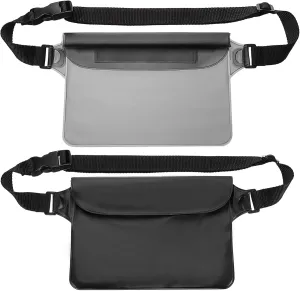 HARFINGTON 2pcs Waterproof Pouch Waterproof Fanny Pack Floating Waterproof Bag with Adjustable Waist Strap for Travel Beach Swimming Kayaking Boating Pool Accessories, Clear Black Solid Black