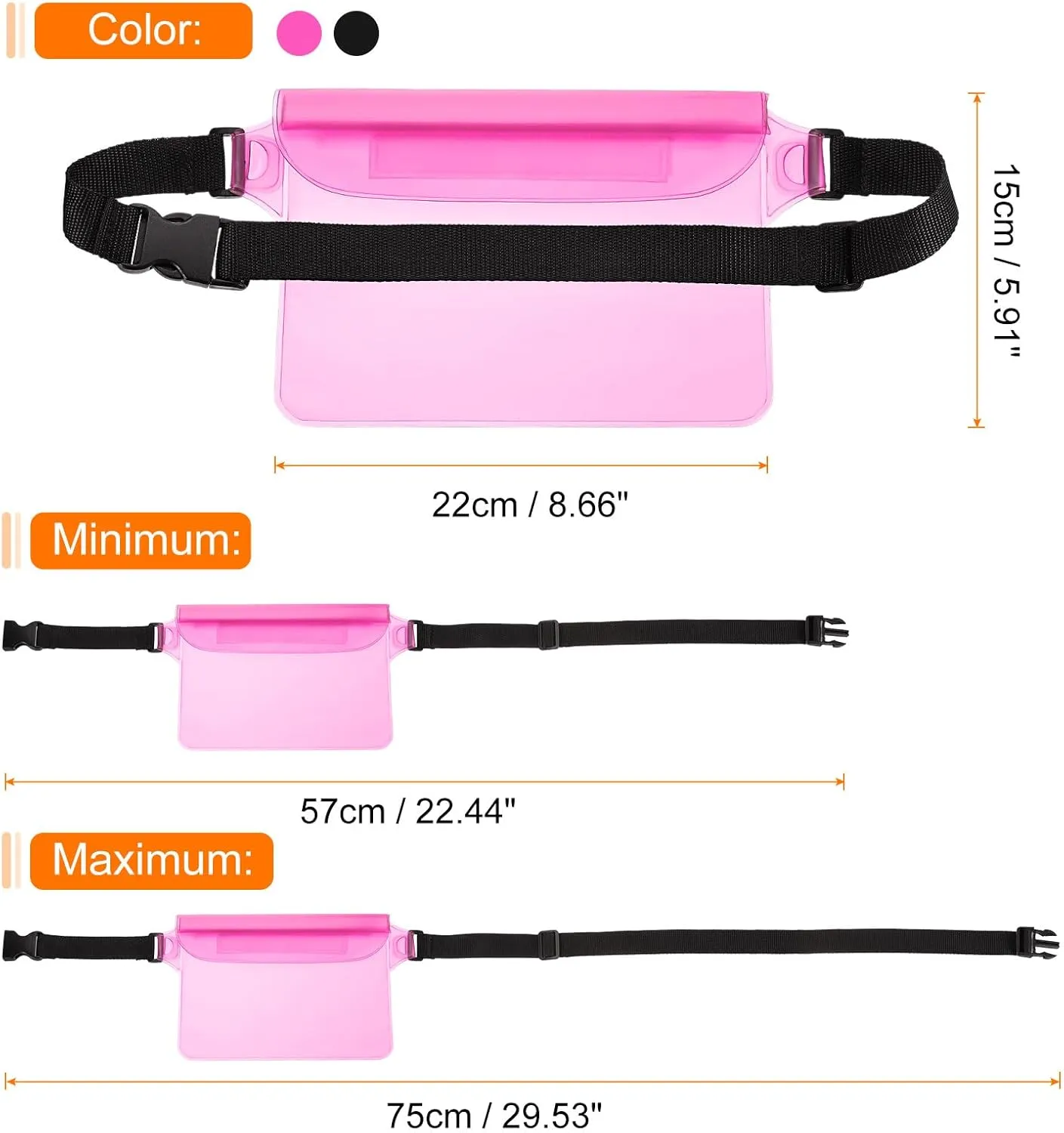 HARFINGTON 2pcs Waterproof Pouch Waterproof Fanny Pack Floating Waterproof Bag with Adjustable Waist Strap for Travel Beach Swimming Kayaking Boating Pool Accessories, Solid Black Clear Pink