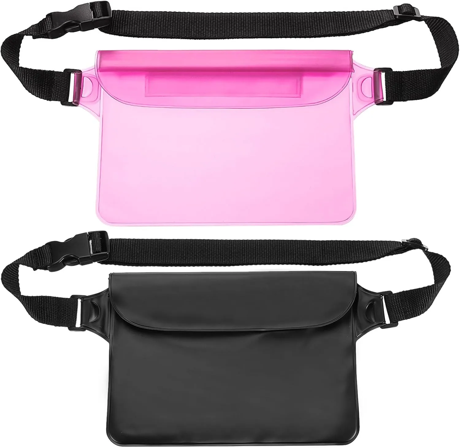 HARFINGTON 2pcs Waterproof Pouch Waterproof Fanny Pack Floating Waterproof Bag with Adjustable Waist Strap for Travel Beach Swimming Kayaking Boating Pool Accessories, Solid Black Clear Pink