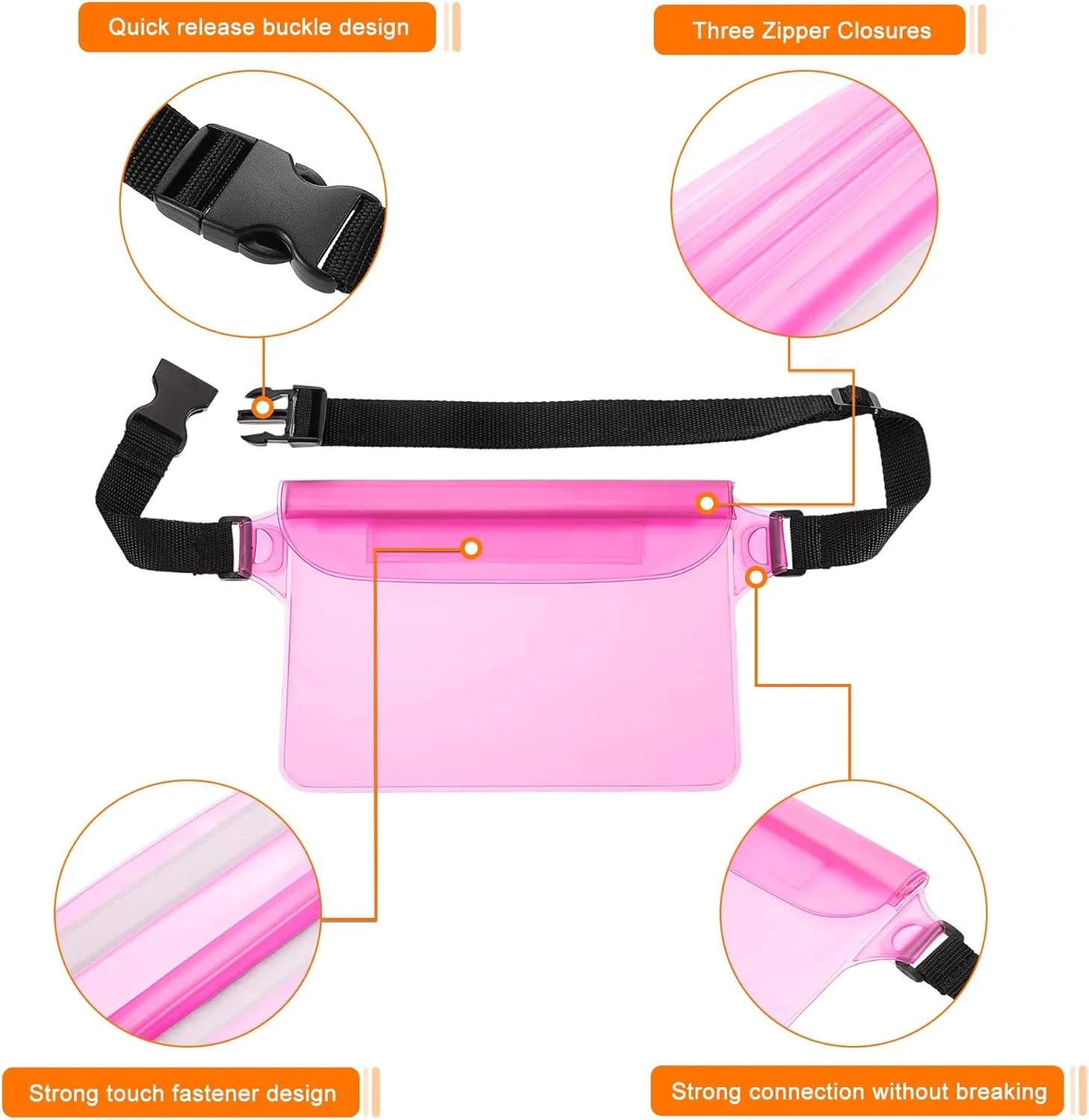 HARFINGTON 2pcs Waterproof Pouch Waterproof Fanny Pack Floating Waterproof Bag with Adjustable Waist Strap for Travel Beach Swimming Kayaking Boating Pool Accessories, Solid Black Clear Pink